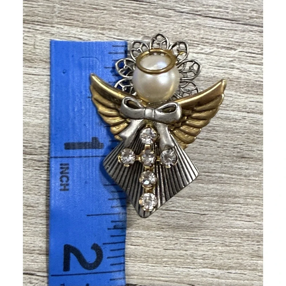 Vintage Brooch Pin Angel Gold Silver Tone with Cross Ten Thousand Angels